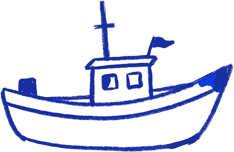 A small blue boat drawn with bold, imperfect brushstrokes
